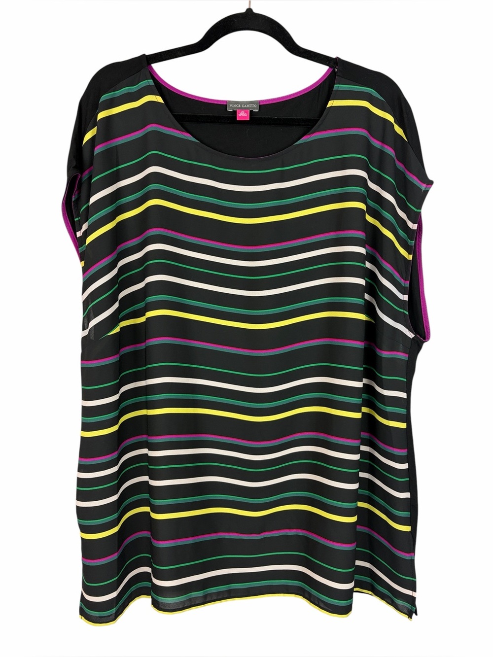 Vince Camuto Plus Size Striped Mixed Media Blouse Black Multicolor 2X